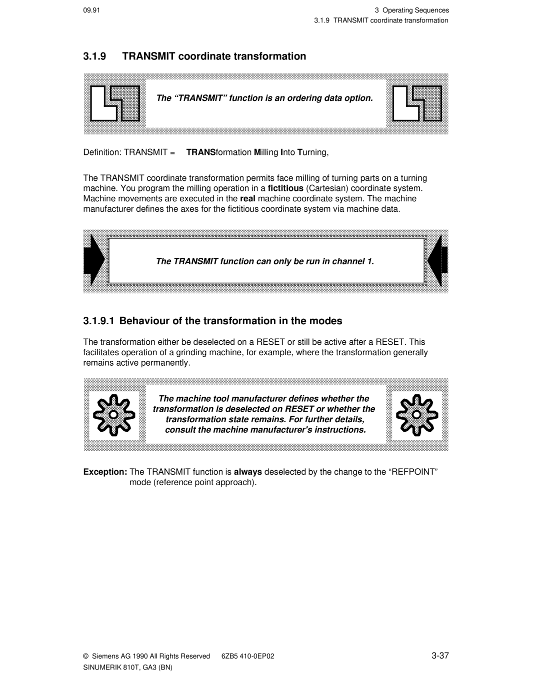 Siemens 810T manual Transmit coordinate transformation, Behaviour of the transformation in the modes 