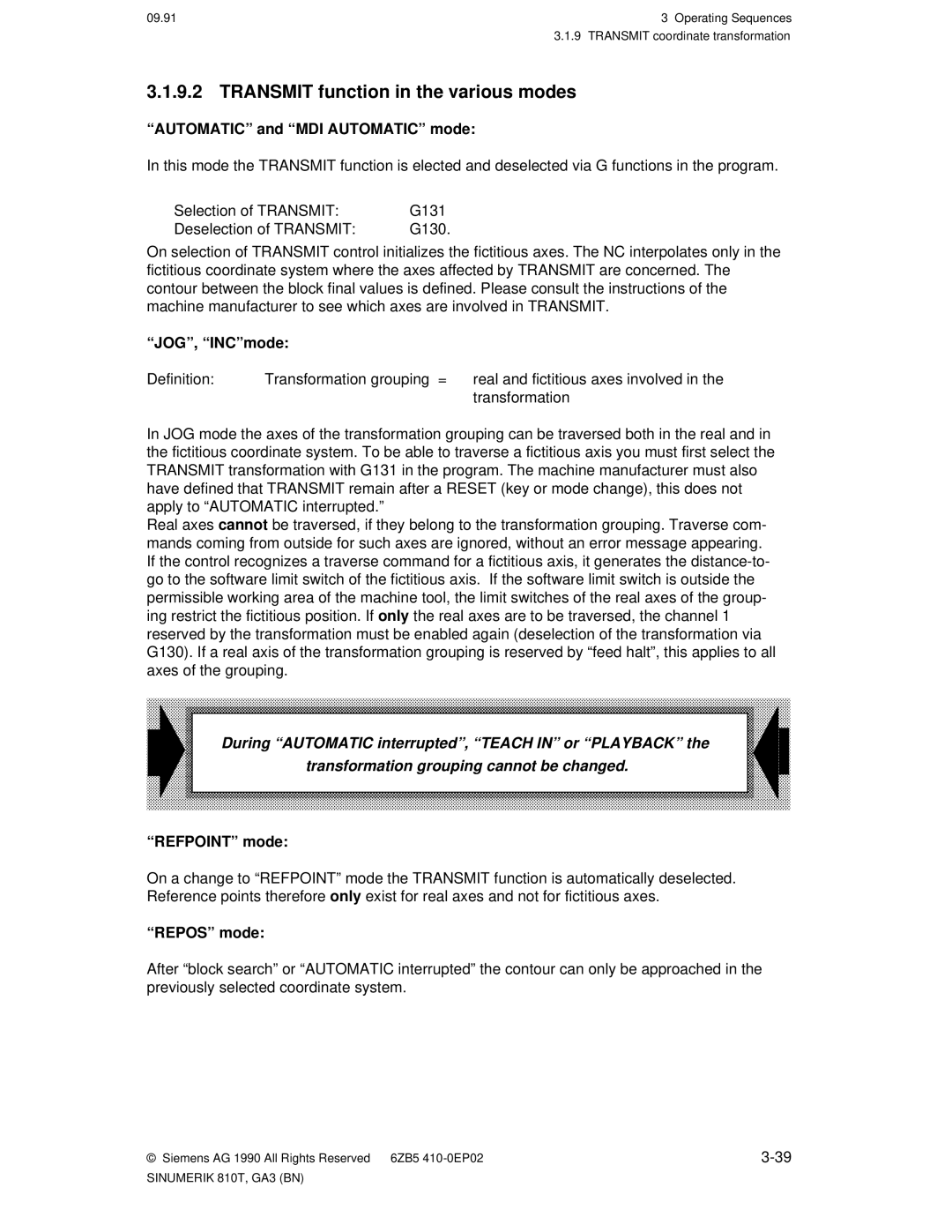 Siemens 810T Transmit function in the various modes, ªAUTOMATICº and ªMDI AUTOMATICº mode, ªJOGº, ªINCºmode, ªREPOSº mode 