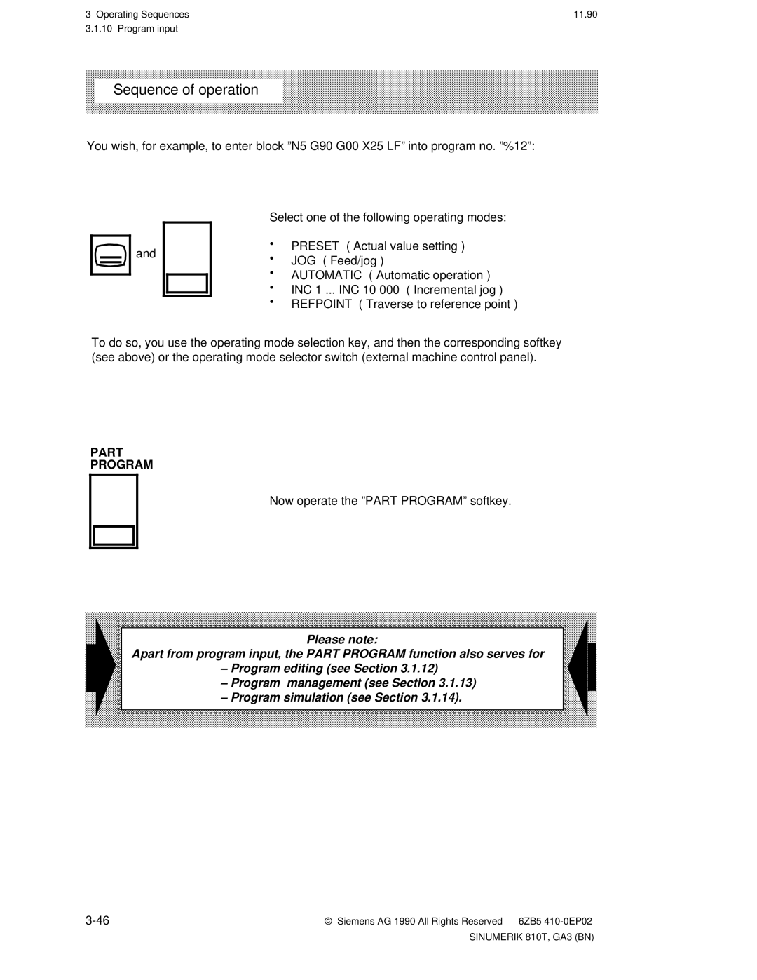 Siemens 810T manual Operating Sequences 11.90 Program 