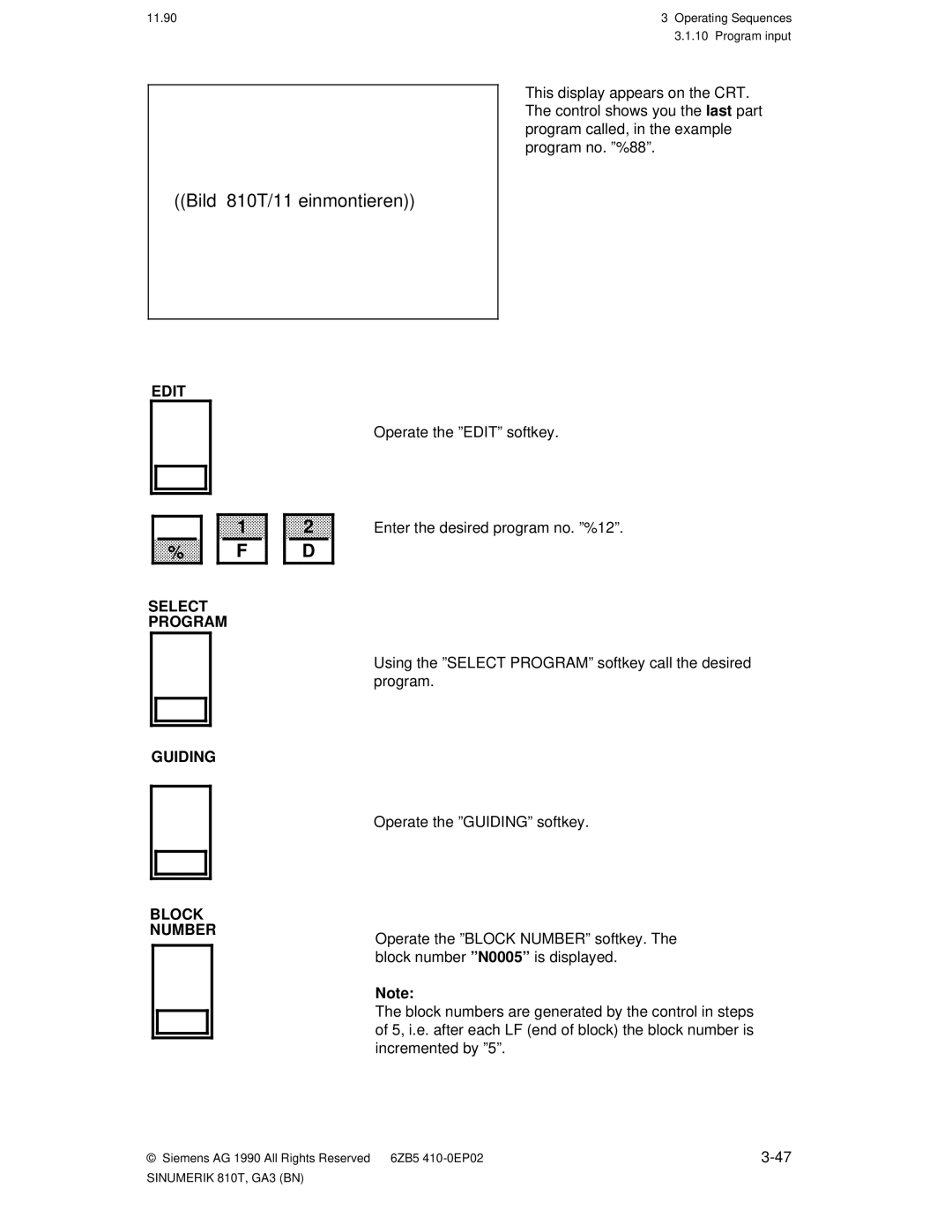 Siemens 810T manual Enter the desired program no. º%12º, Guiding Block Number 