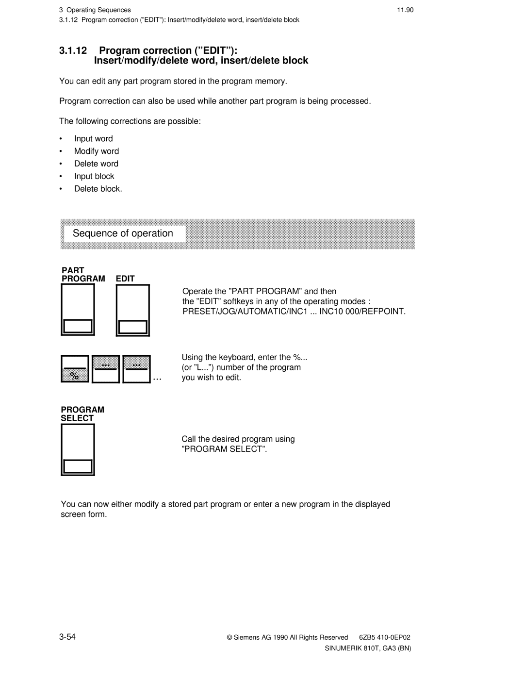 Siemens 810T manual Part Program Edit, Or ºL...º number of the program, You wish to edit, Program Select 