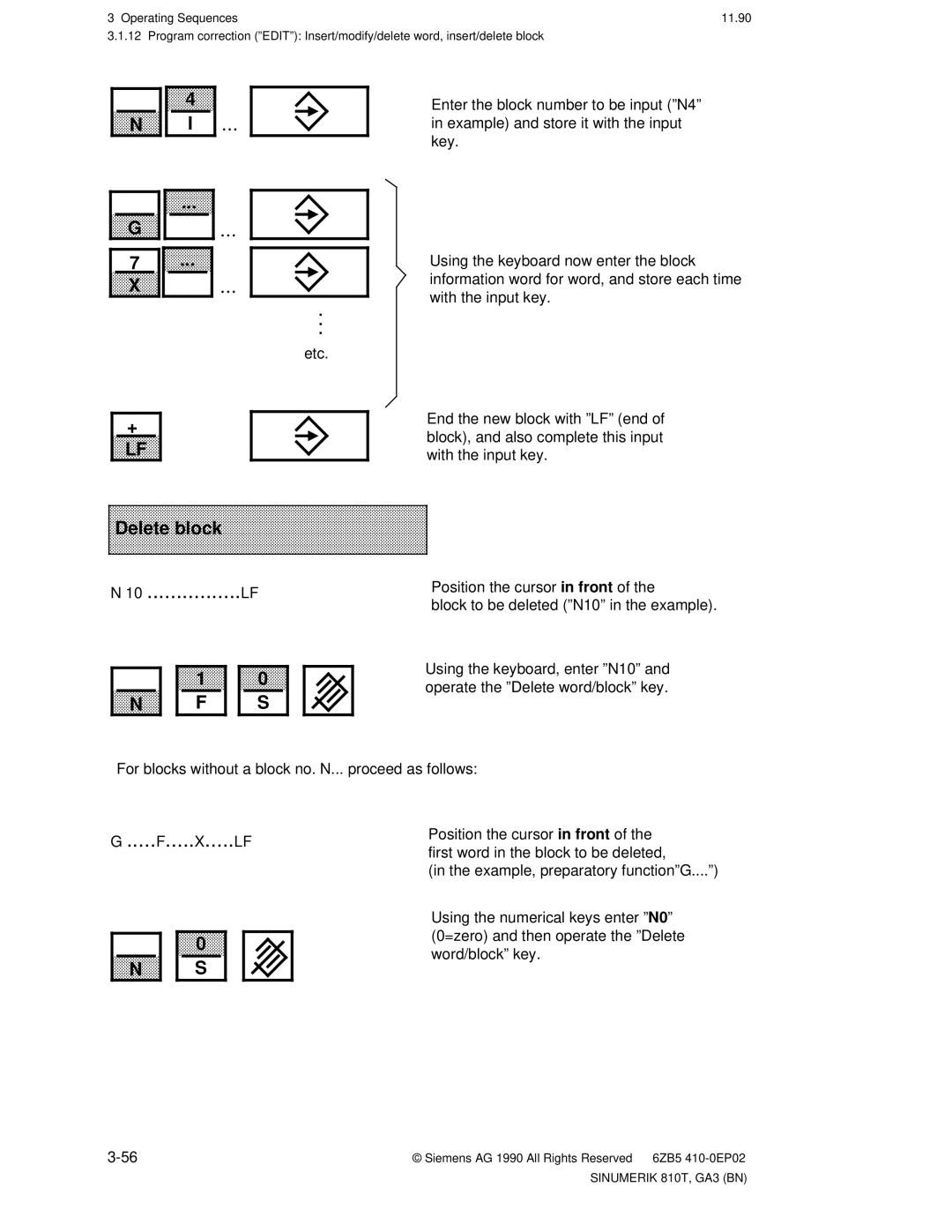 Siemens 810T manual X.....Lf, Delete block 