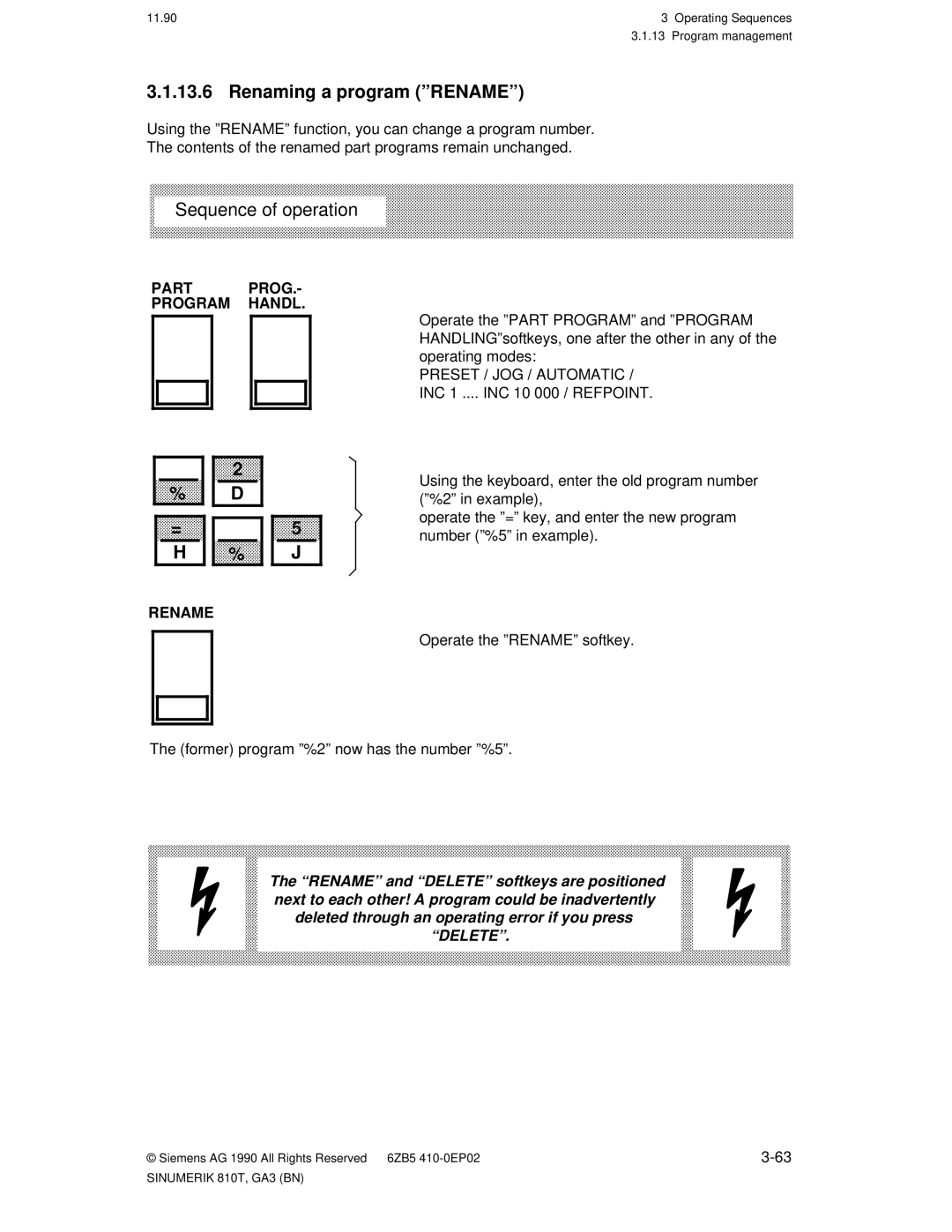 Siemens 810T manual Renaming a program ºRENAMEº, Part Prog Program Handl Rename 