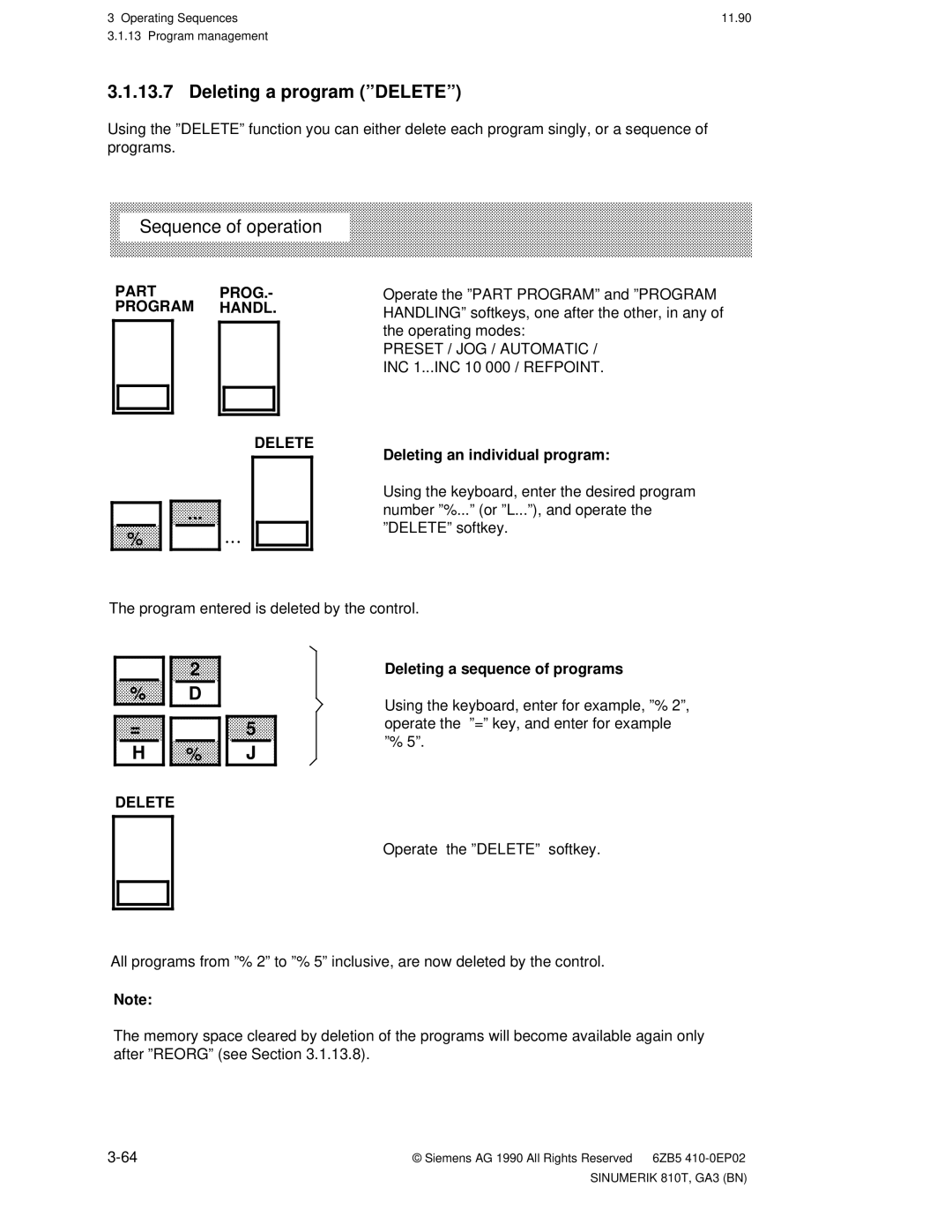 Siemens 810T manual Deleting a program ºDELETEº, Part Prog Program Handl Delete, INC 1...INC 10 000 / Refpoint 