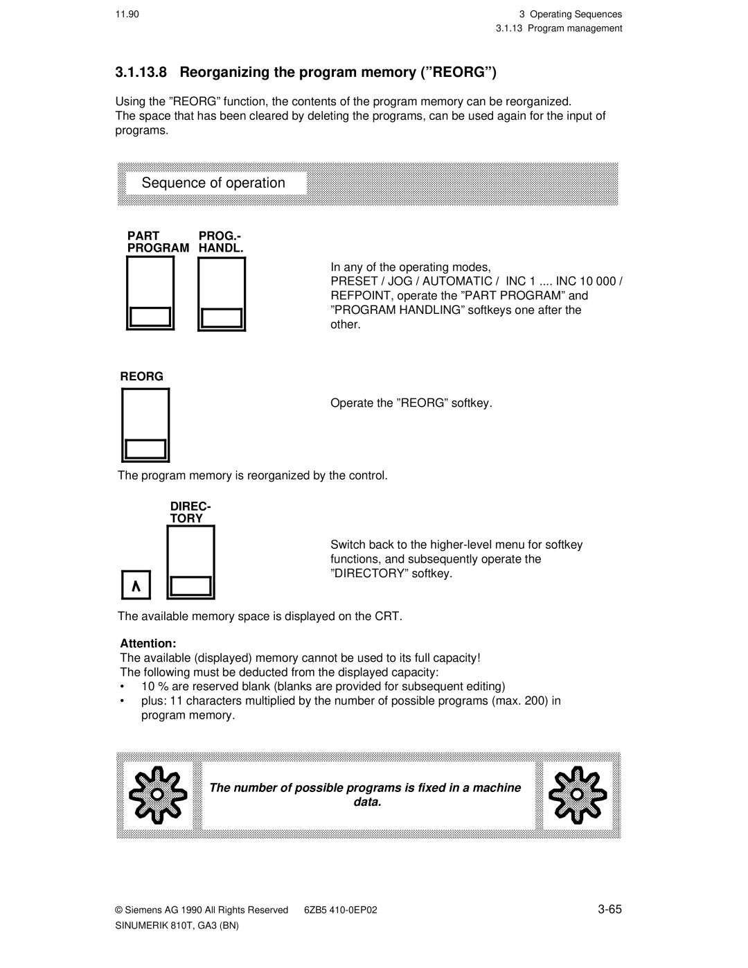 Siemens 810T manual Reorganizing the program memory ºREORGº, Part Prog Program Handl, Direc Tory 