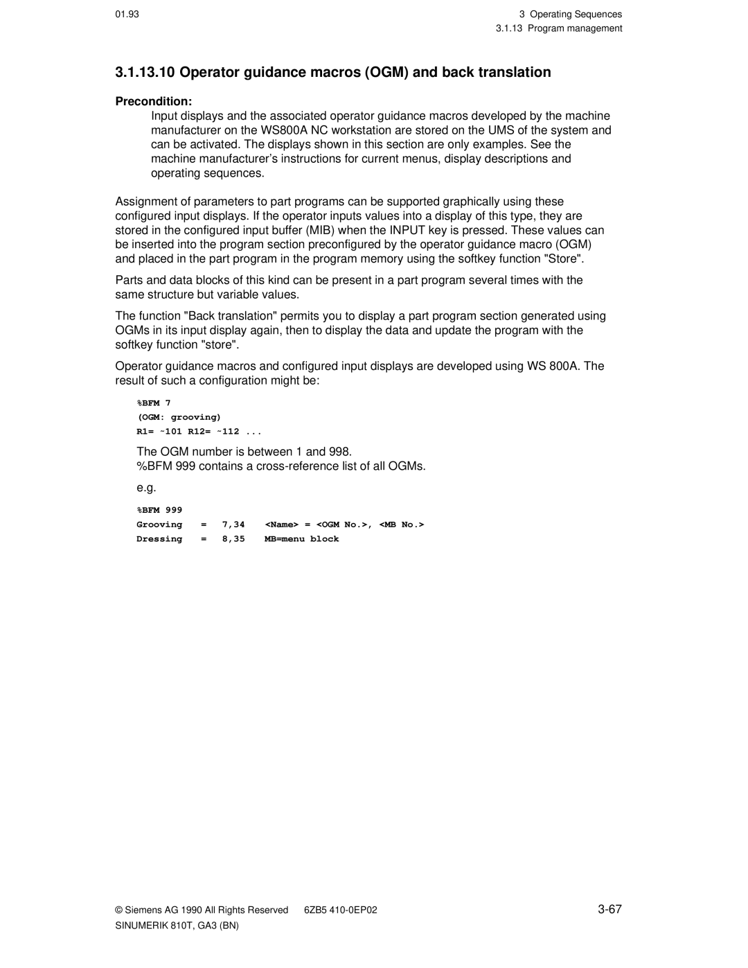 Siemens 810T manual Operator guidance macros OGM and back translation, Precondition 