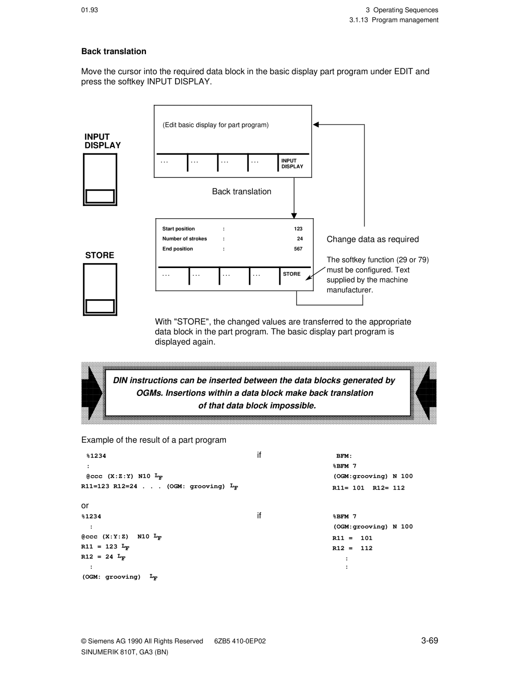 Siemens 810T manual Back translation, Change data as required, Example of the result of a part program 