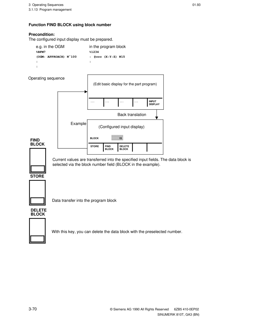 Siemens 810T manual Function Find Block using block number Precondition, Ogm, Delete Block 