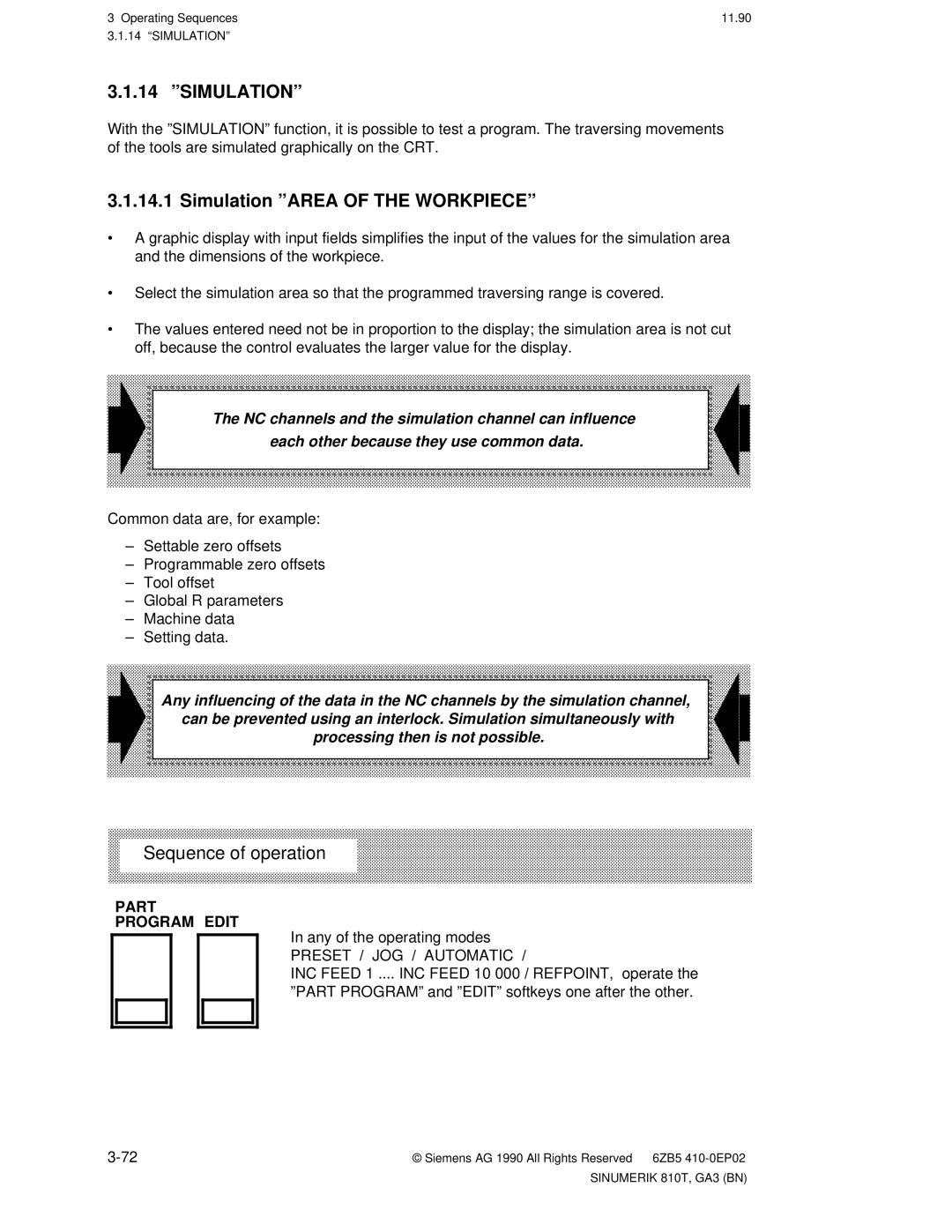 Siemens 810T manual 14 ºSIMULATIONº, Simulation ºAREA of the WORKPIECEº, Any of the operating modes 