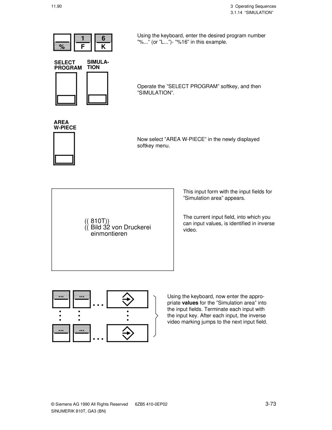 Siemens manual 810T Bild 32 von Druckerei einmontieren, Select SIMULA- Program Tion, Area Piece 