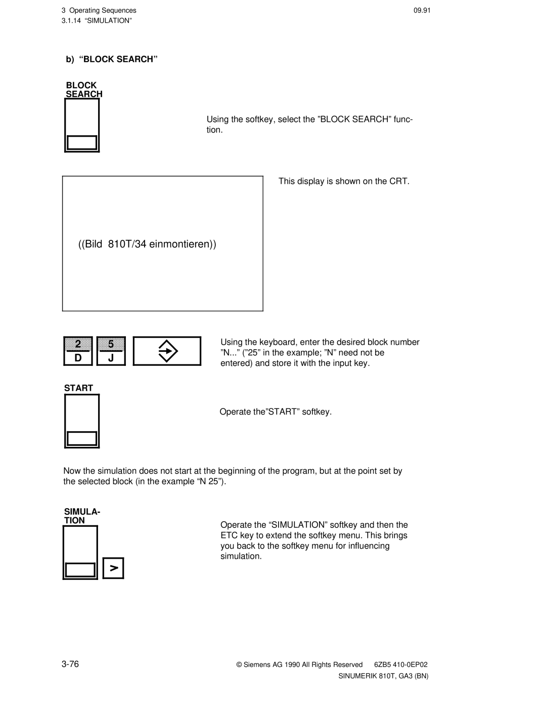 Siemens manual Bild 810T/34 einmontieren, ªblock Searchº, Block Search, Start, SIMULA- Tion 
