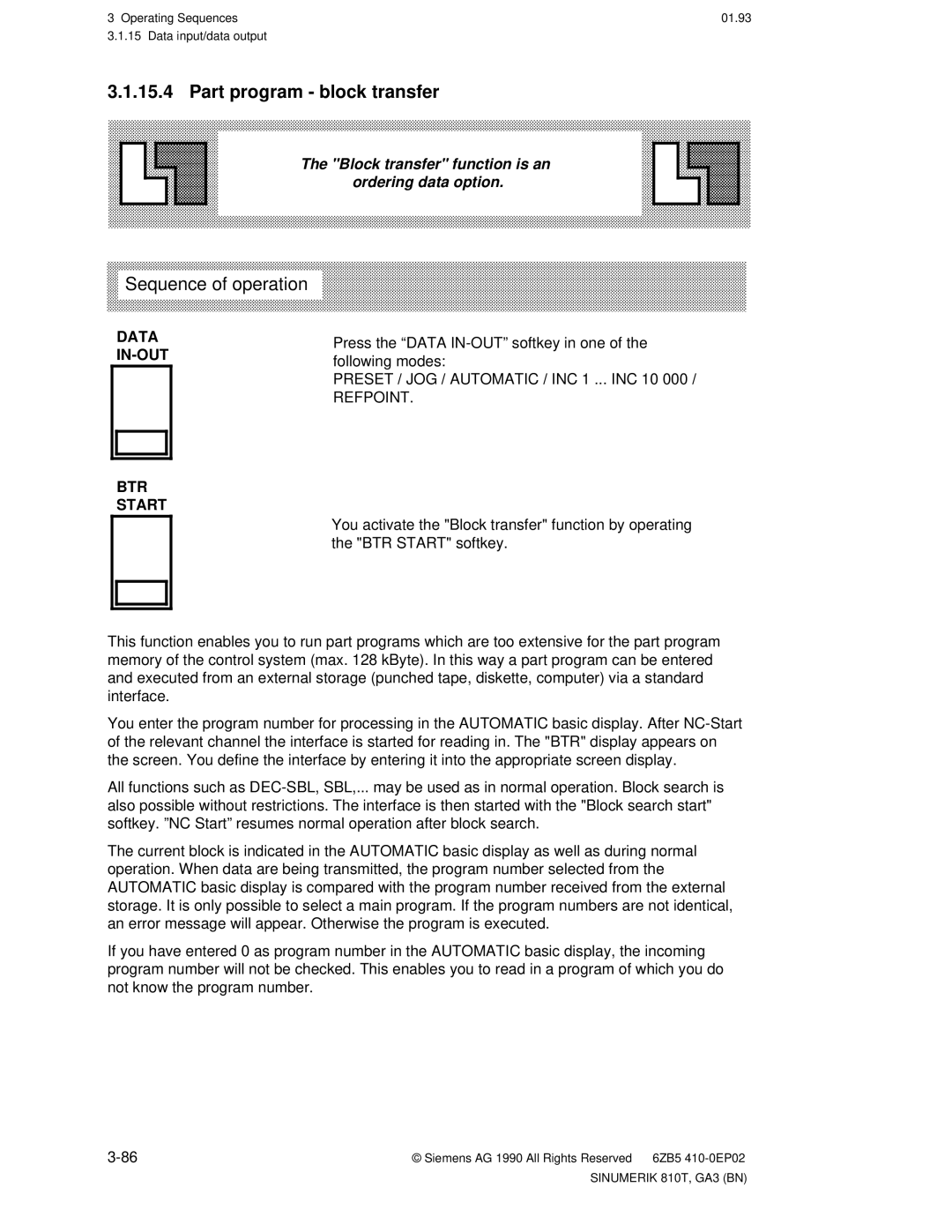 Siemens 810T manual Part program block, Data IN-OUT BTR Start, Refpoint 