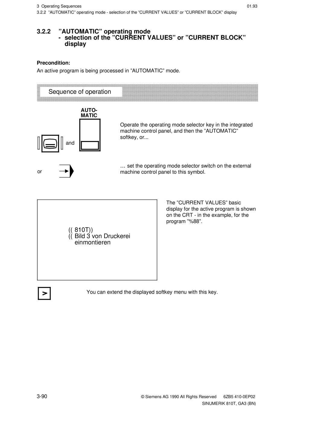 Siemens 810T An active program is being processed in ºAUTOMATICº mode, Machine control panel, and then the ºAUTOMATICº 