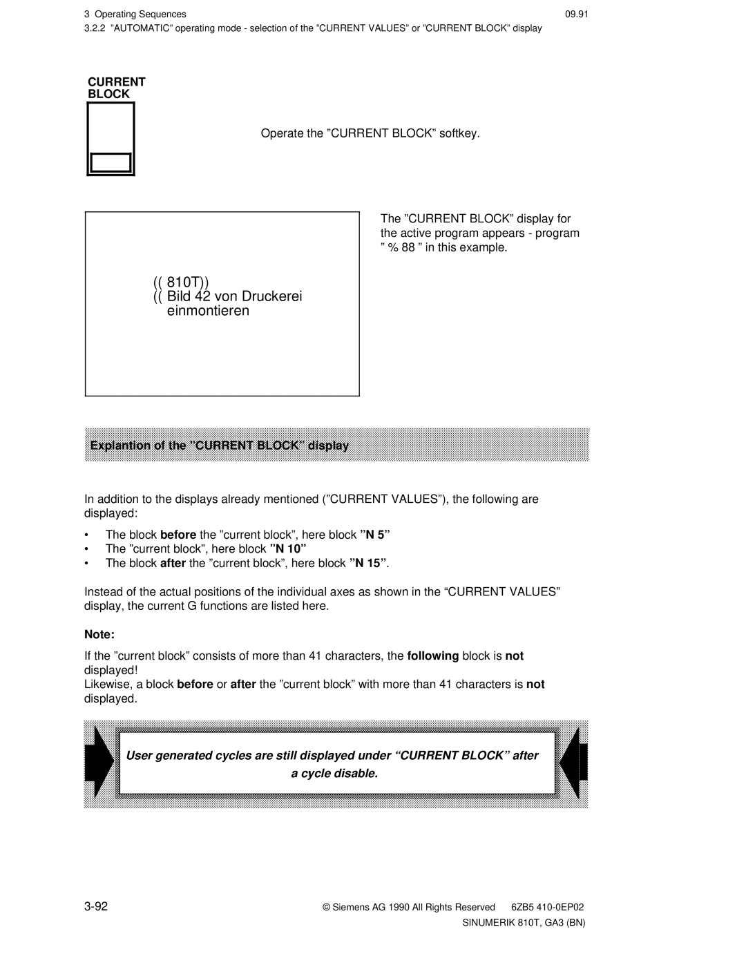 Siemens manual 810T Bild 42 von Druckerei einmontieren, Current Block, Operate the ºCURRENT BLOCKº softkey 