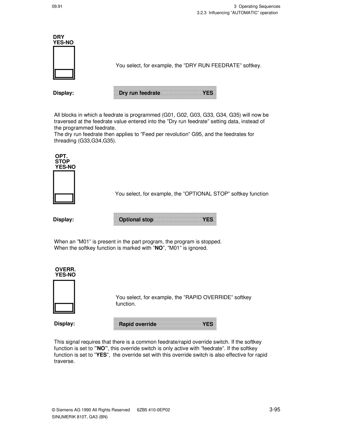 Siemens 810T manual Dry Yes-No, OPT Stop YES-NO, Overr YES-NO 