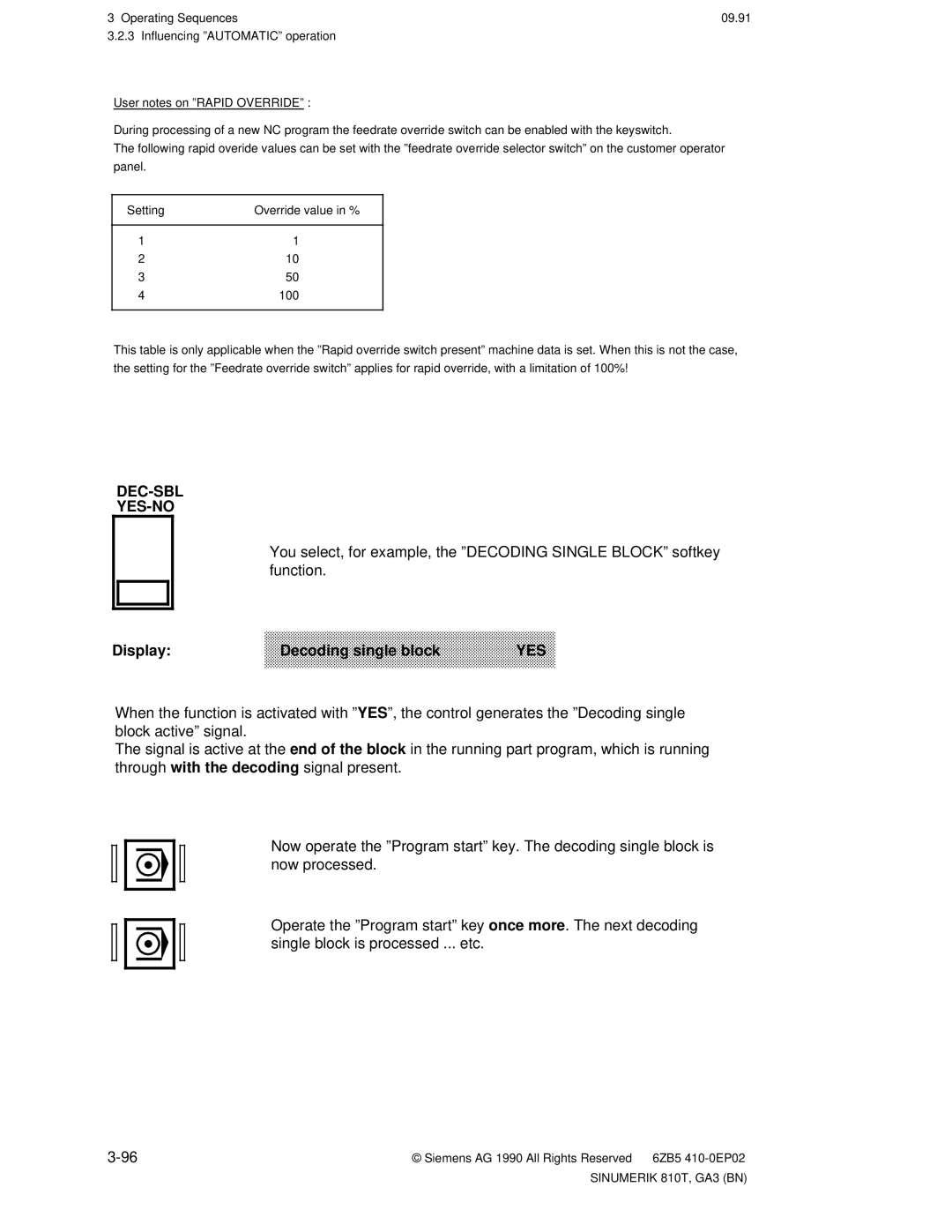 Siemens 810T manual Dec-Sbl Yes-No 