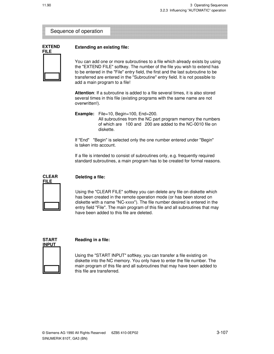 Siemens 810T manual Extend, File Clear File, Deleting a file, Reading in a file, Input 