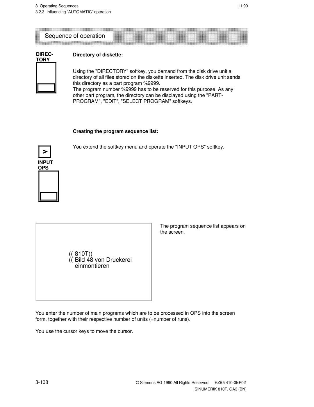 Siemens 810T Bild 48 von Druckerei einmontieren, Directory of diskette, Creating the program sequence list, Input OPS 