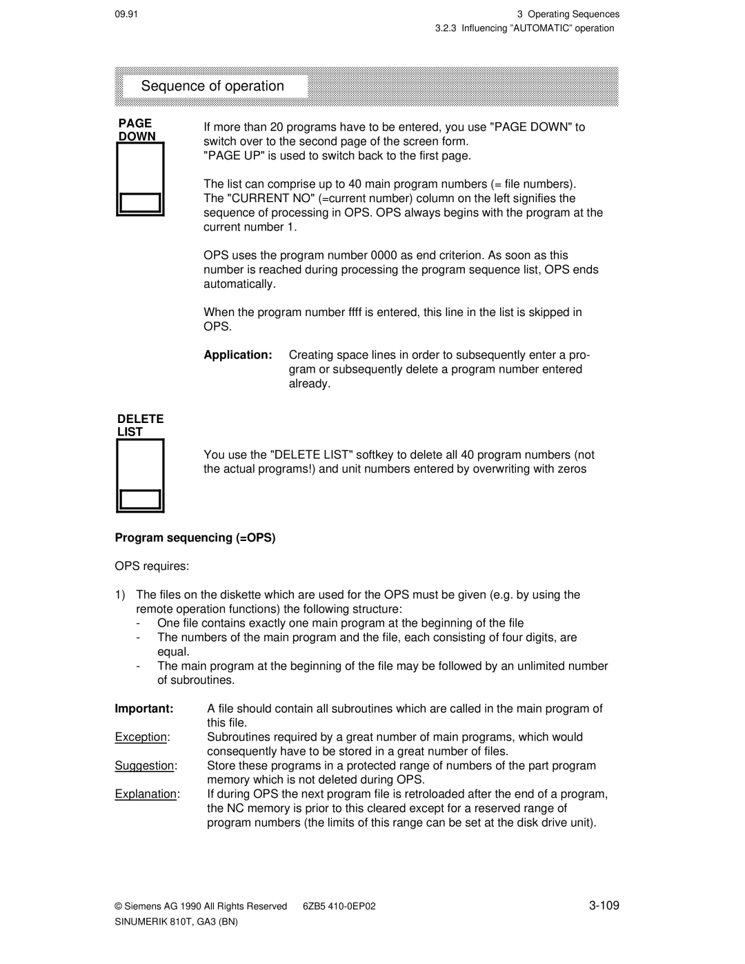 Siemens 810T manual Down Delete List, Program sequencing =OPS, 109 