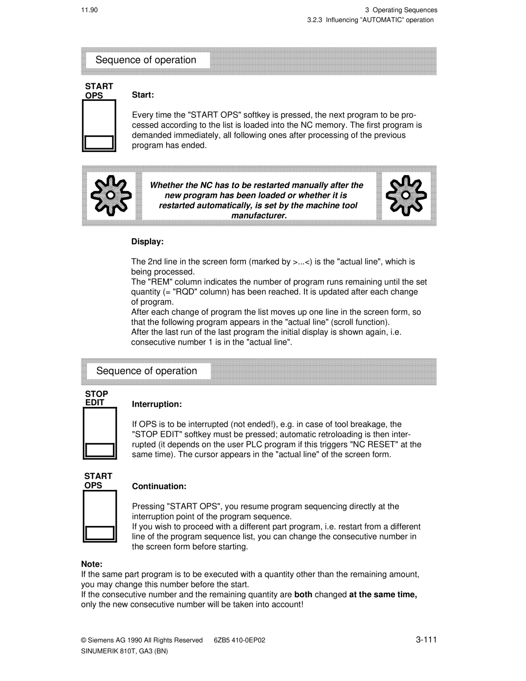 Siemens 810T manual OPS Start, Edit Interruption, Start OPS, Continuation, 111 