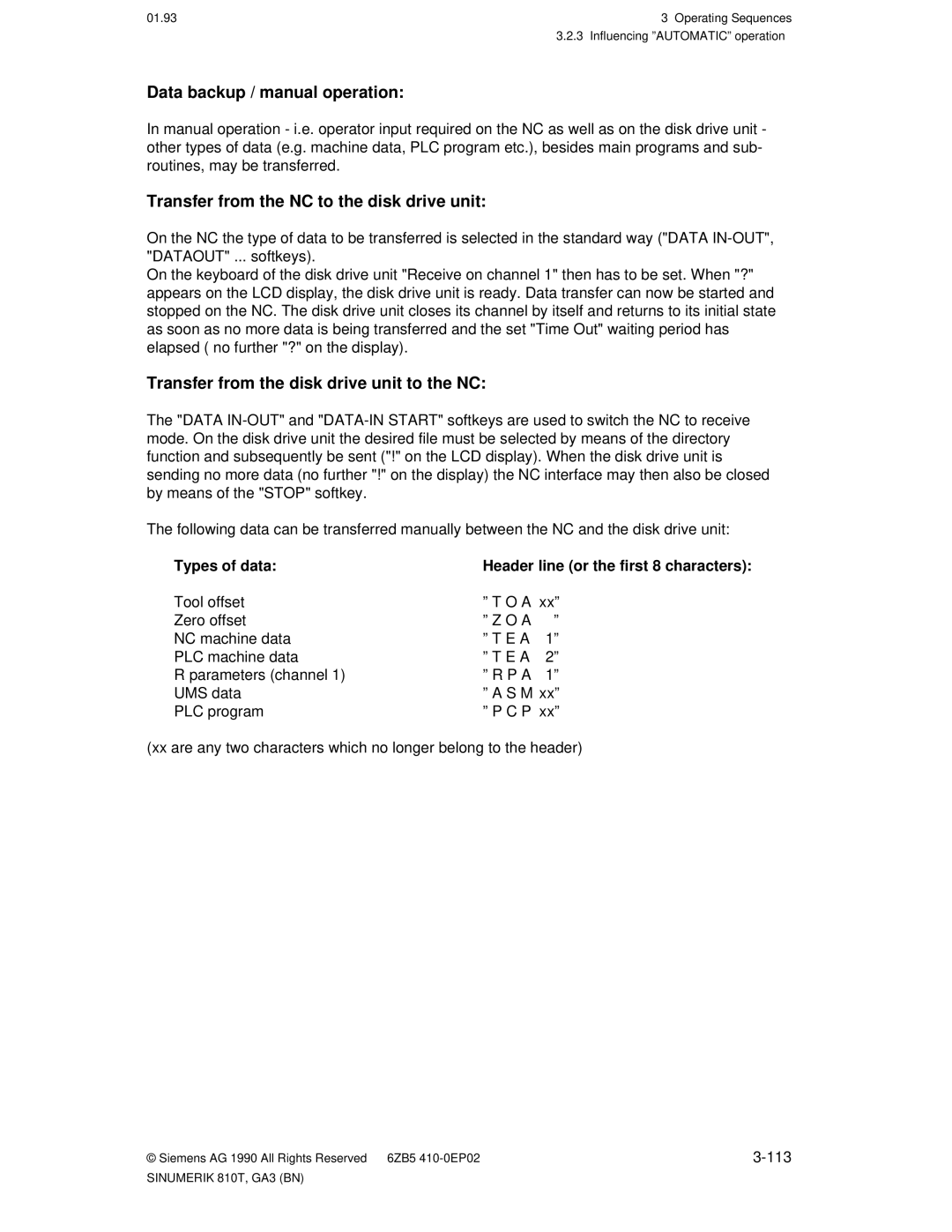 Siemens 810T manual Types of data, 113 