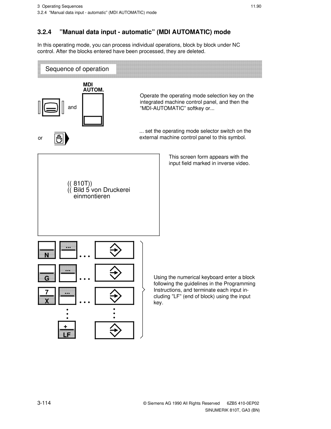 Siemens manual 4 ºManual data input automaticº MDI Automatic mode, 810T Bild 5 von Druckerei einmontieren, Mdi 