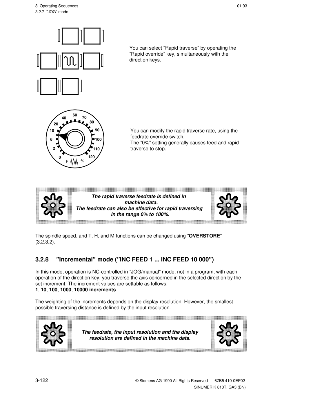 Siemens 810T manual 8 ºIncrementalº mode ºINC Feed 1 ... INC Feed 10 000º, 10, 100, 1000, 10000 increments 