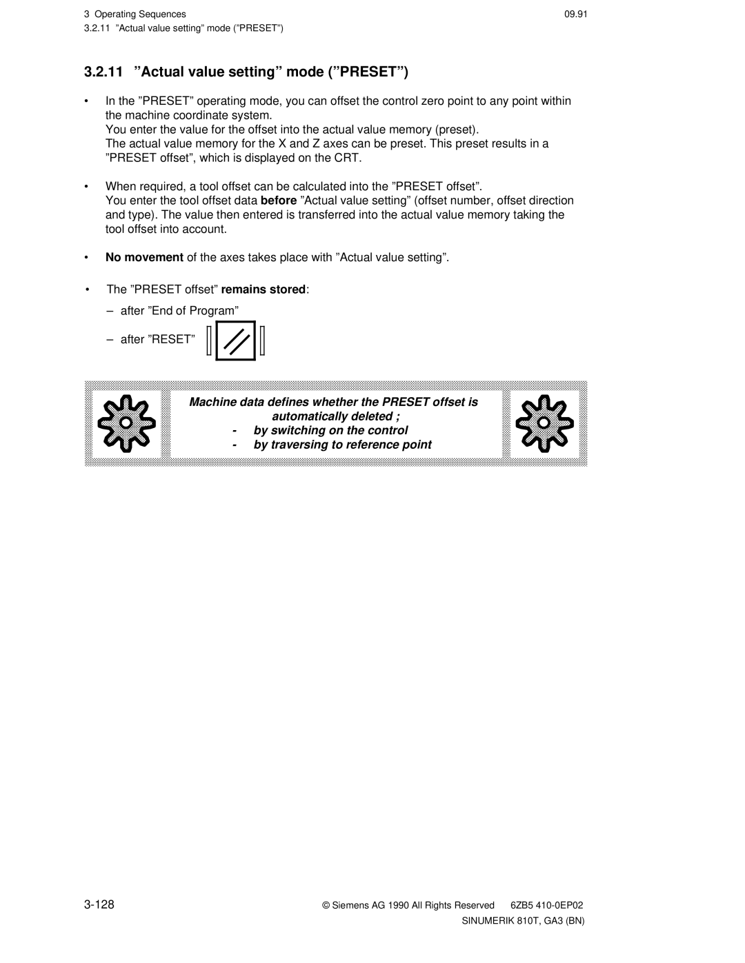 Siemens 810T manual 11 ºActual value settingº mode ºPRESETº, 128 