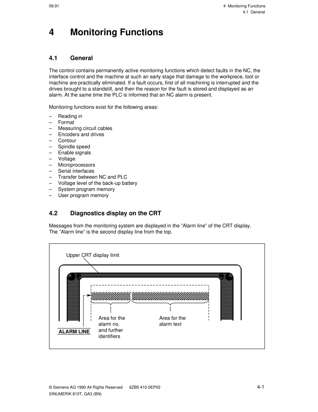 Siemens 810T manual Monitoring Functions, Diagnostics display on the CRT, Alarm Line, Further Identifiers 