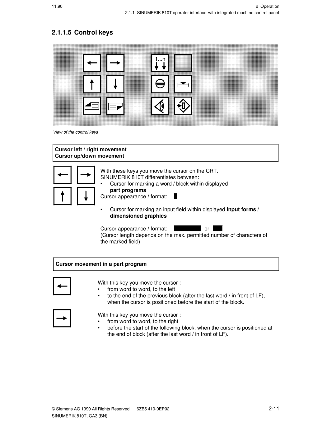 Siemens 810T manual Control keys, Cursor left / right movement Cursor up/down movement, Cursor movement in a part program 