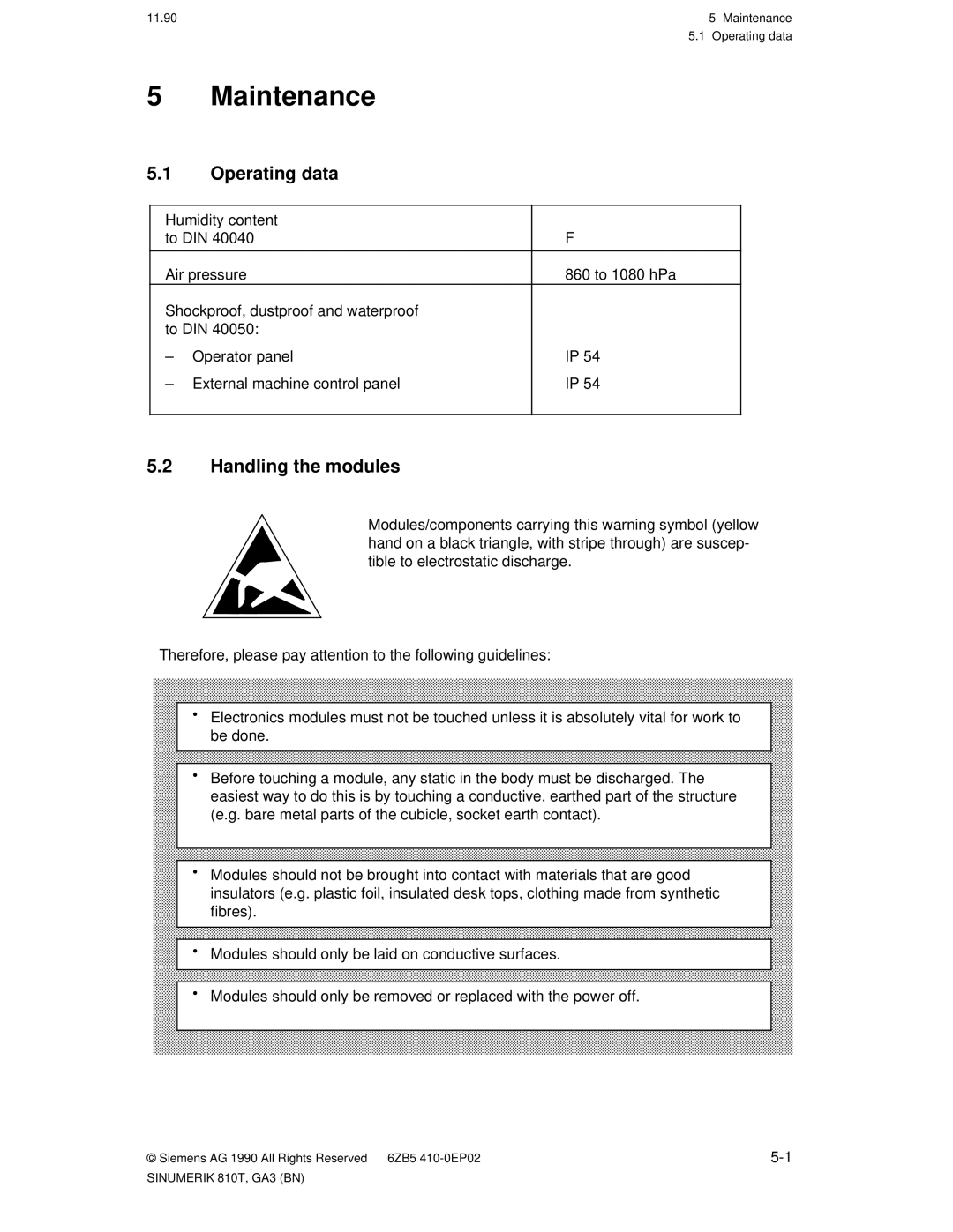 Siemens 810T manual Maintenance, Operating data, Handling 