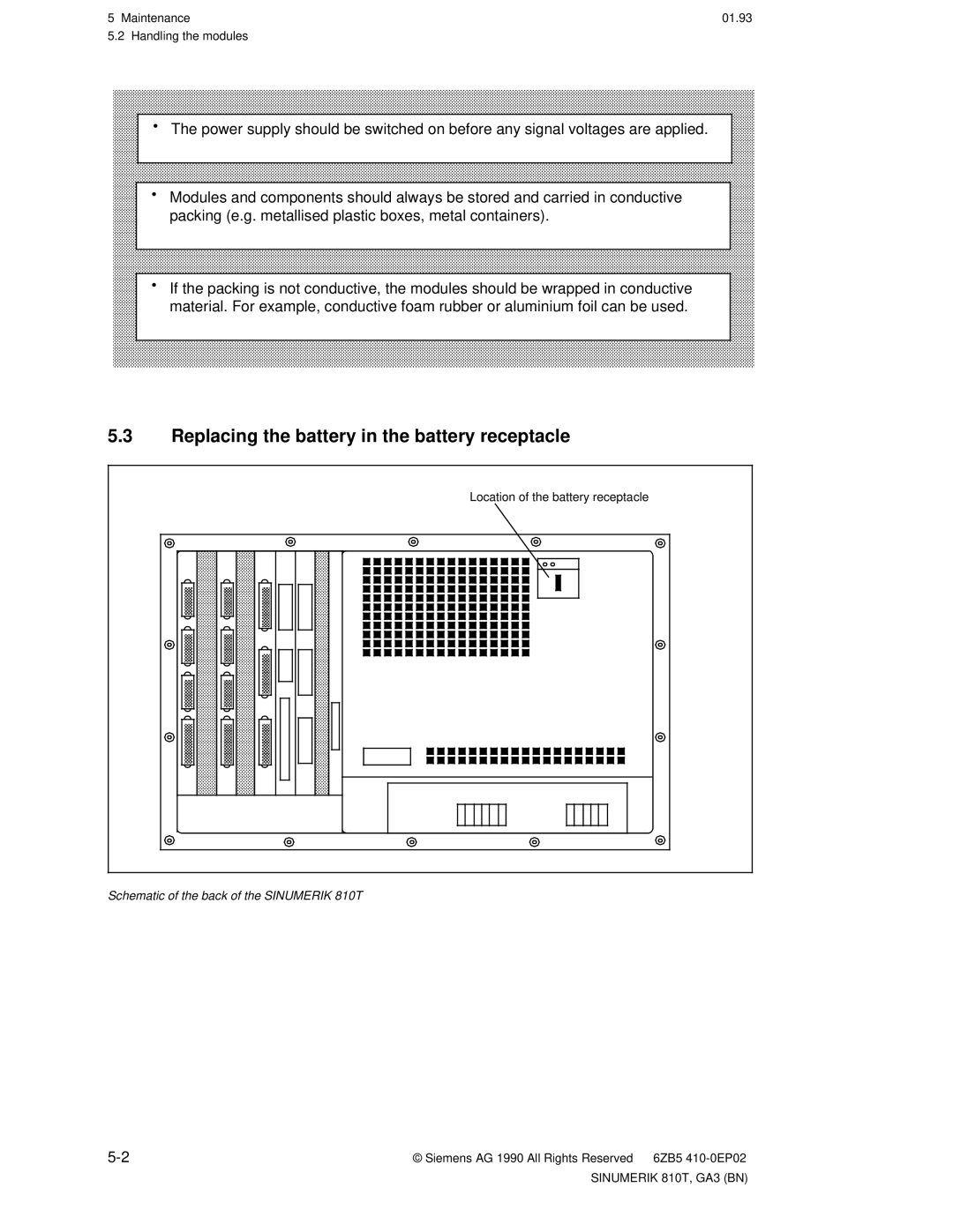 Siemens manual Replacing the battery in the battery receptacle, Schematic of the back of the Sinumerik 810T 