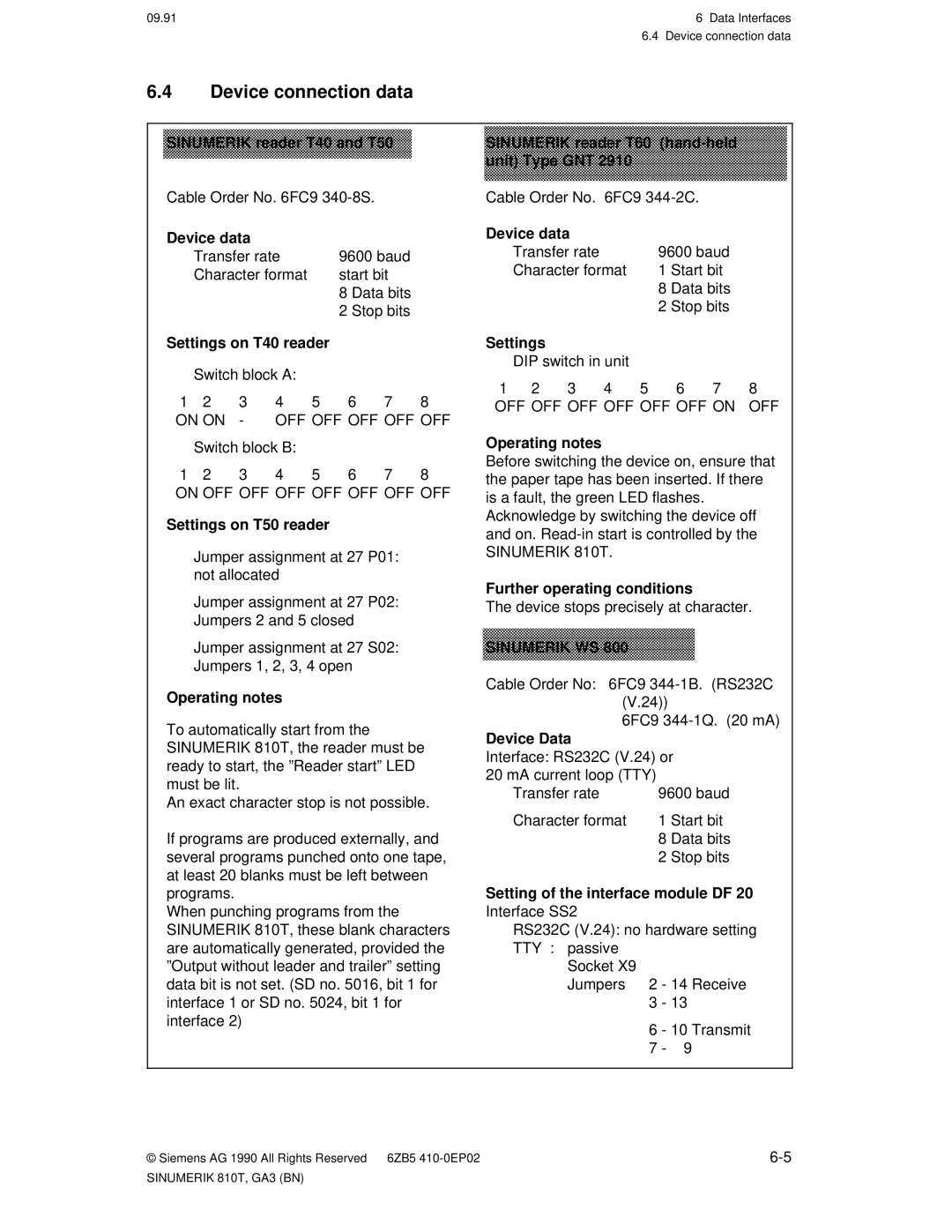 Siemens 810T manual Device connection data, Sinumerik WS 