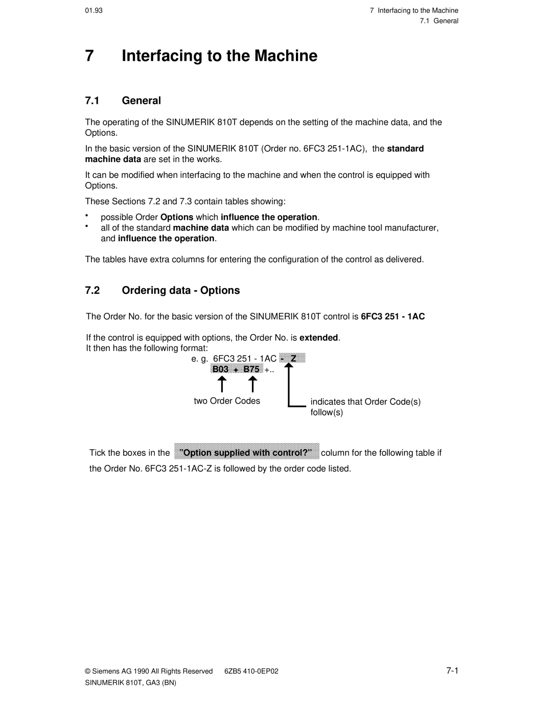 Siemens 810T Interfacing to the Machine, Ordering data Options, · possible Order Options which influence the operation 