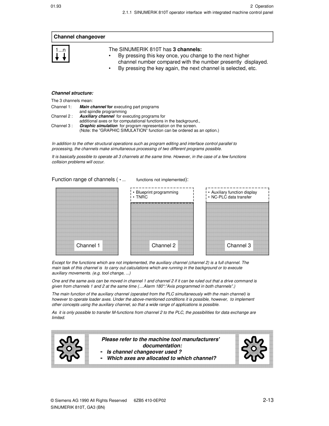 Siemens 810T manual Channel changeover, Function range of channels · 