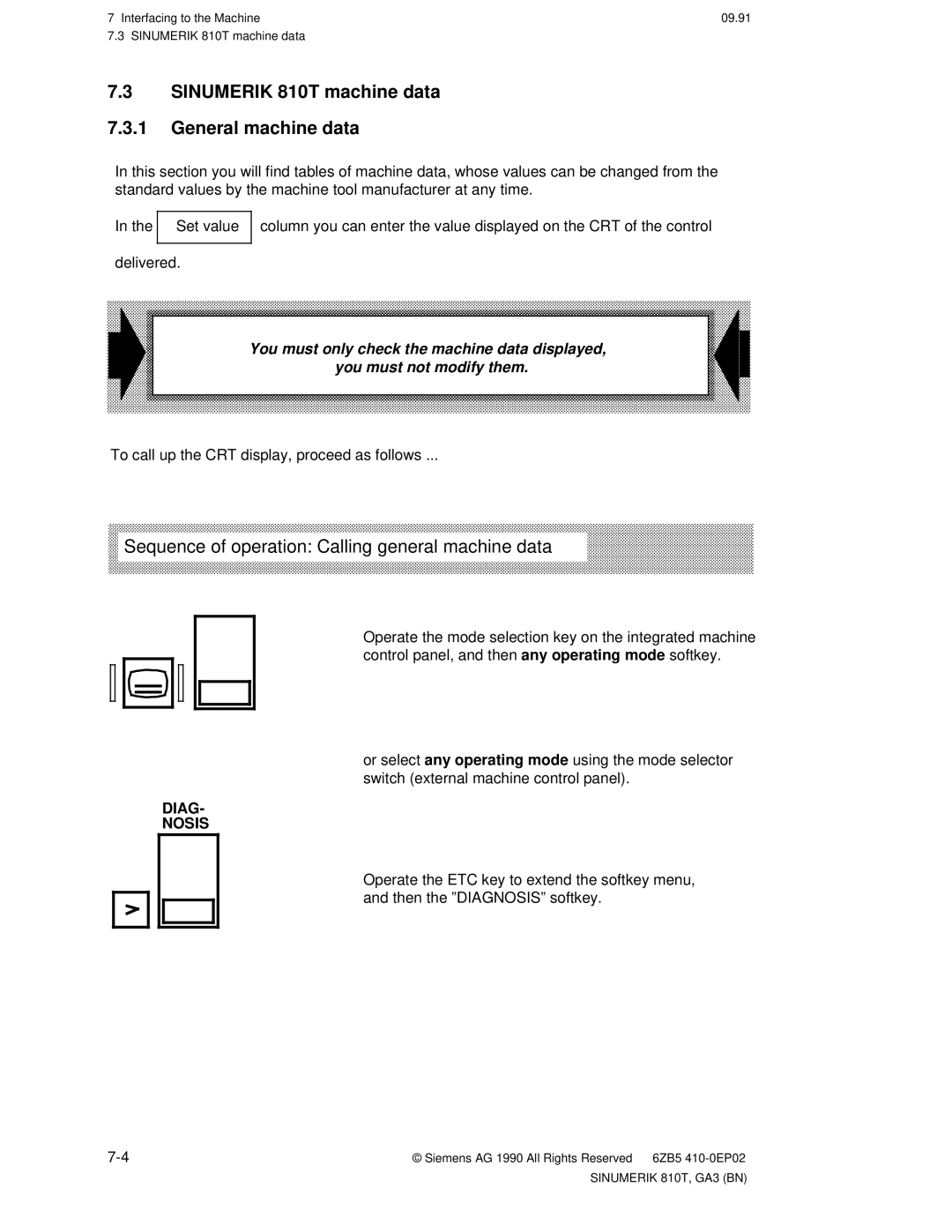 Siemens manual Sinumerik 810T machine data General machine data, Sequence of operation Calling general machine data 