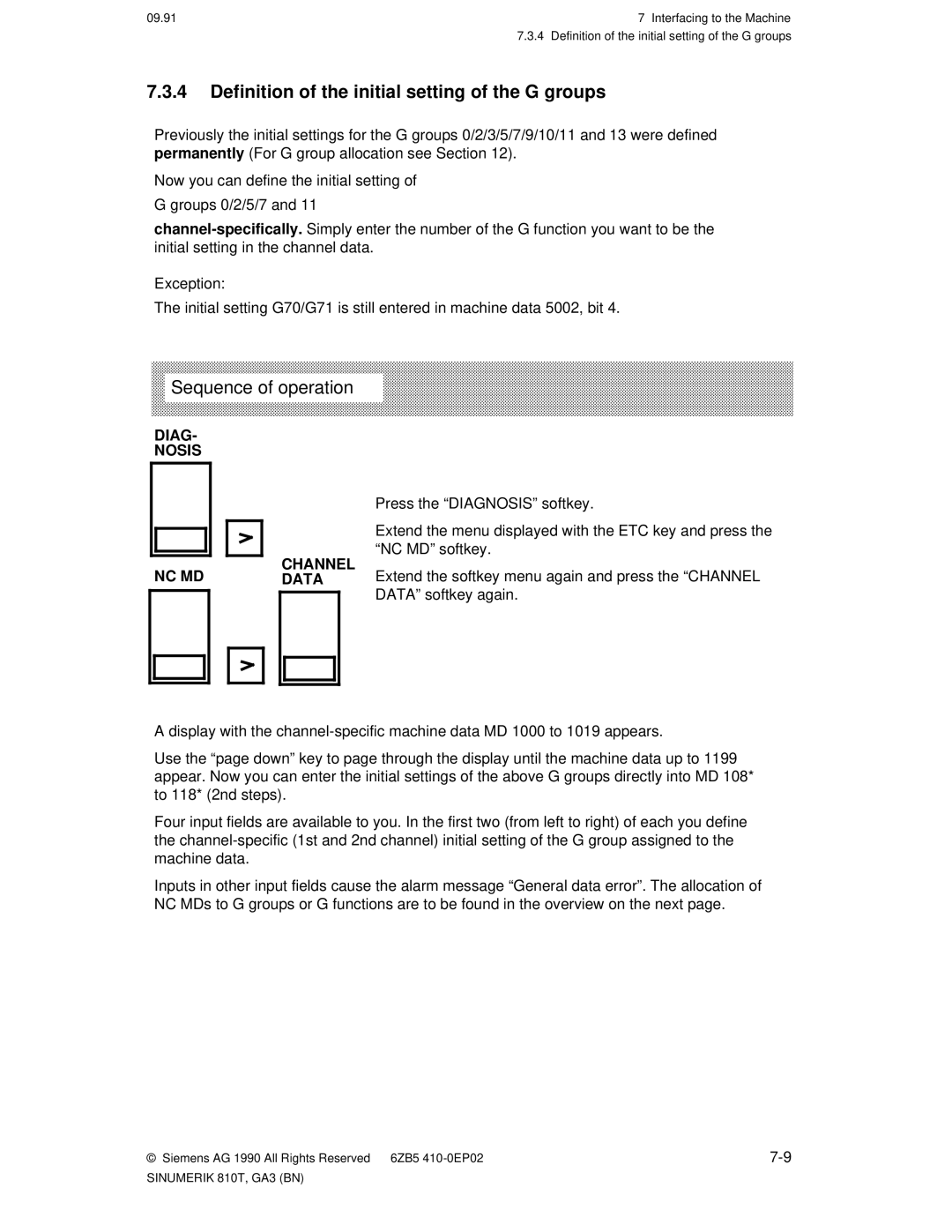 Siemens 810T manual Definition of the initial setting of the G groups, Press the ªDIAGNOSISº softkey, NC MD Channel Data 