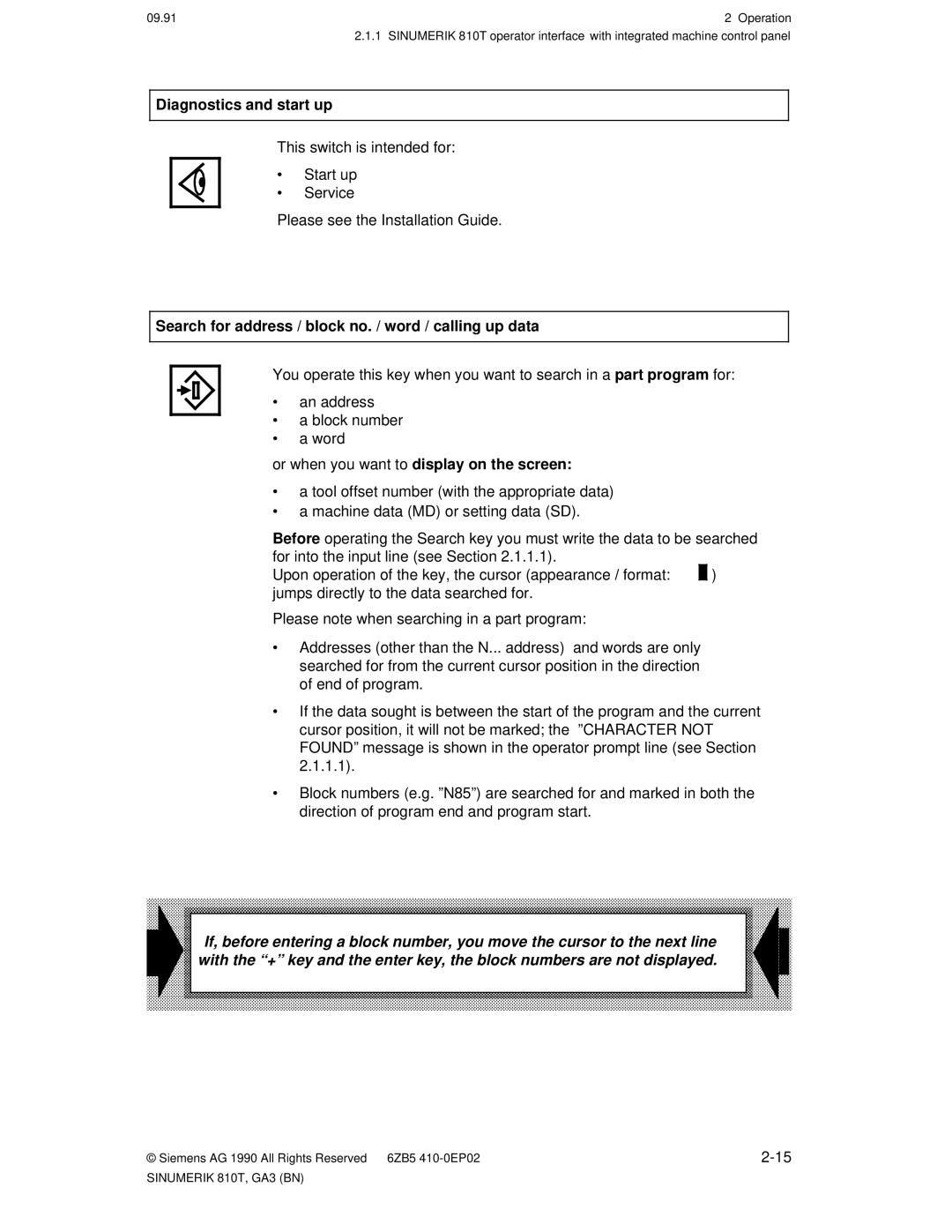 Siemens 810T manual Diagnostics and start up, Search for address / block no. / word / calling up data 