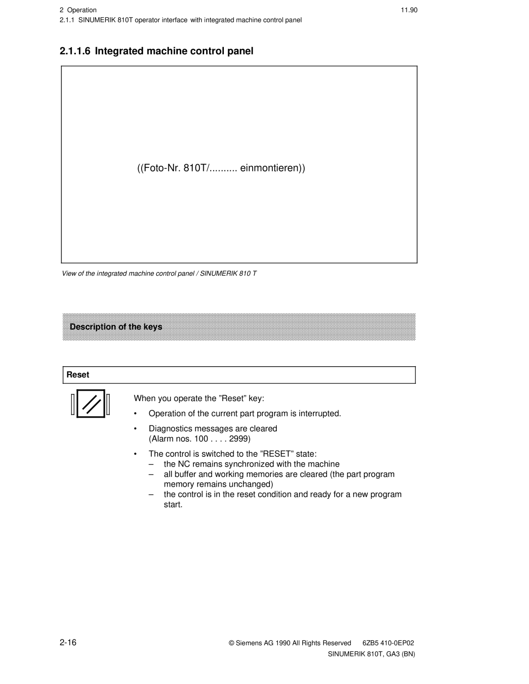 Siemens 810T manual Integrated machine control panel, Foto-Nr T Einmontieren, Description of the keys Reset 