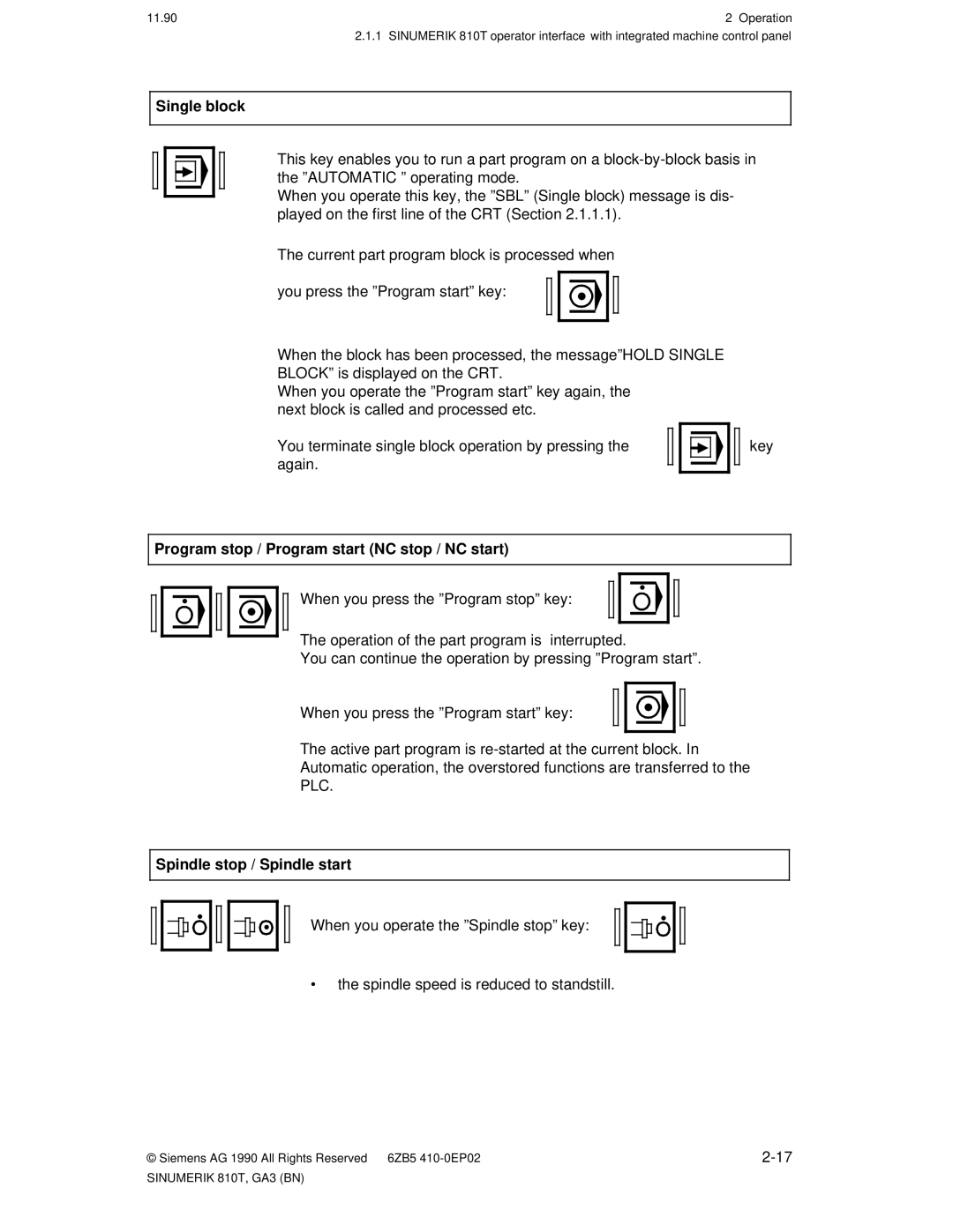 Siemens 810T manual Single block, Program stop / Program start NC stop / NC start, Spindle stop / Spindle start 