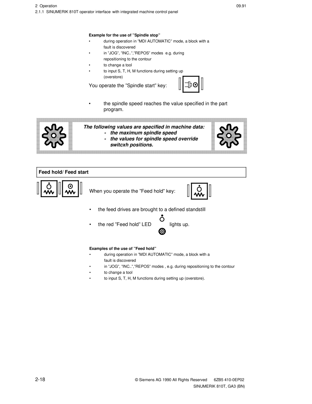 Siemens 810T manual Feed hold/ Feed start, Example for the use of ºSpindle stopº 