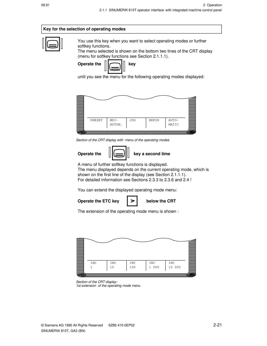 Siemens 810T manual Key for the selection of operating modes, Operate Key a second time, Operate the ETC key 