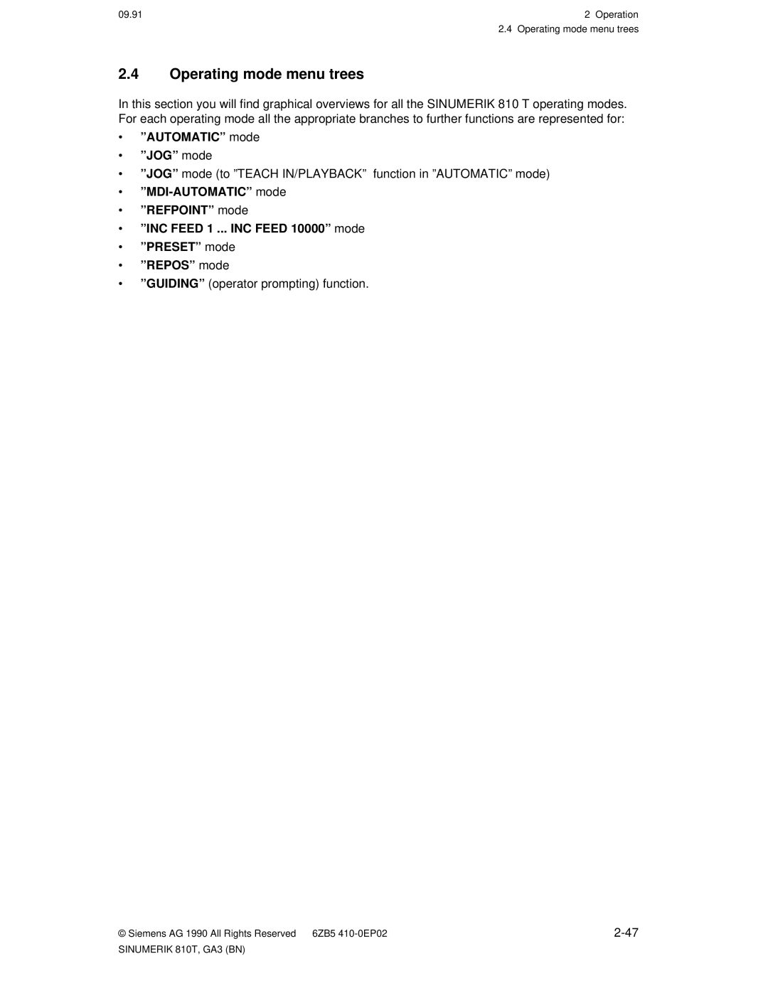 Siemens 810T manual Operating mode menu trees, · ºAUTOMATICº mode · ºJOGº mode, · ºGUIDINGº operator prompting function 