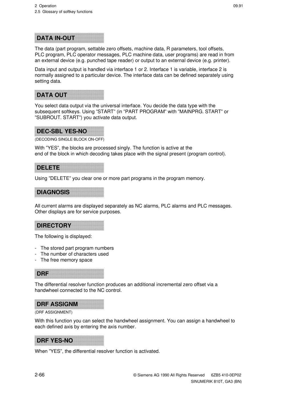 Siemens 810T manual Data IN-OUT, When ºYESº, the differential resolver function is activated 