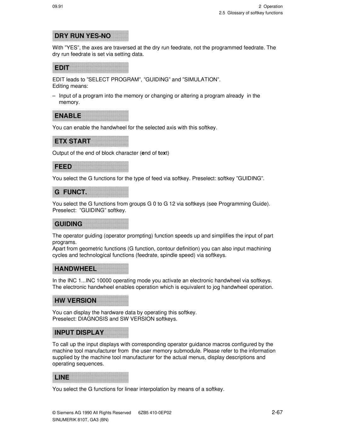 Siemens 810T manual Dry Run Yes-No, Output of the end of block character end of text 