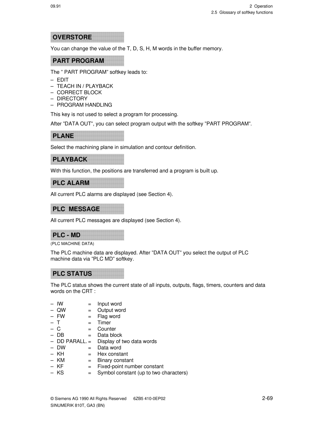 Siemens 810T manual º Part PROGRAMº softkey leads to, All current PLC alarms are displayed see Section, Dd Parall. = 