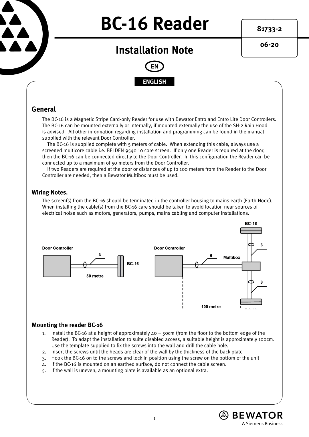 Siemens manual BC-16 Reader, Installation Note, 81733-2, 06-20, General 