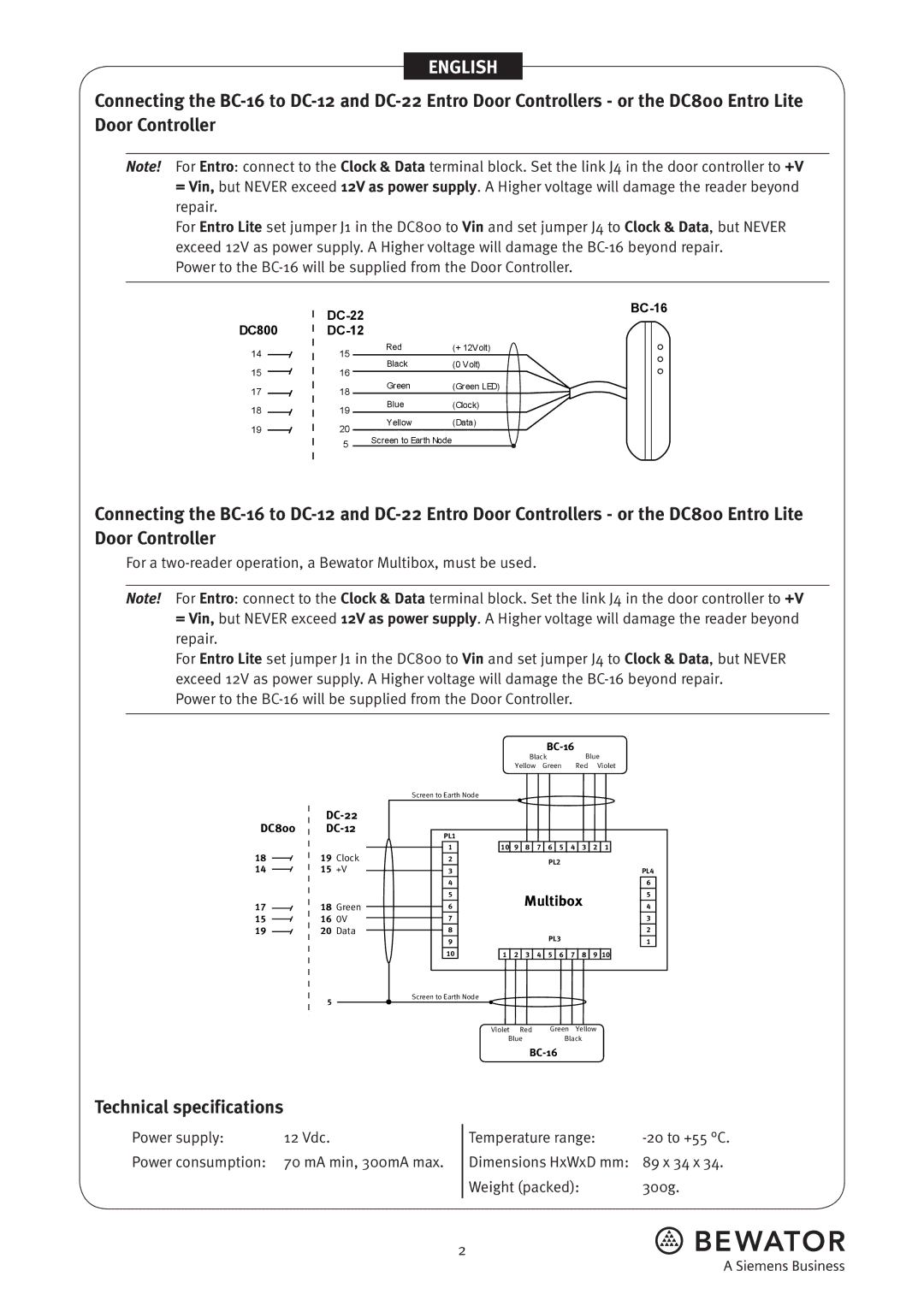 Siemens 81733-2, BC-16 manual Technical specifications 