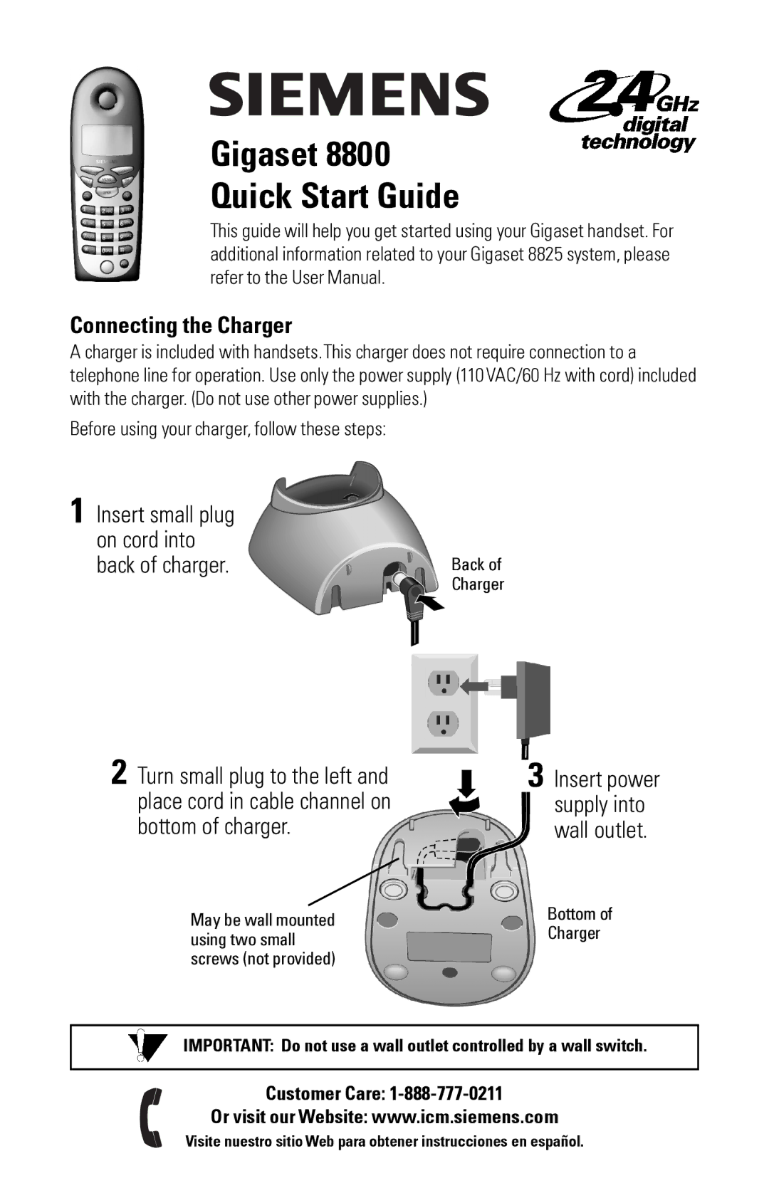 Siemens 8800 quick start Gigaset Quick Start Guide, Connecting the Charger 