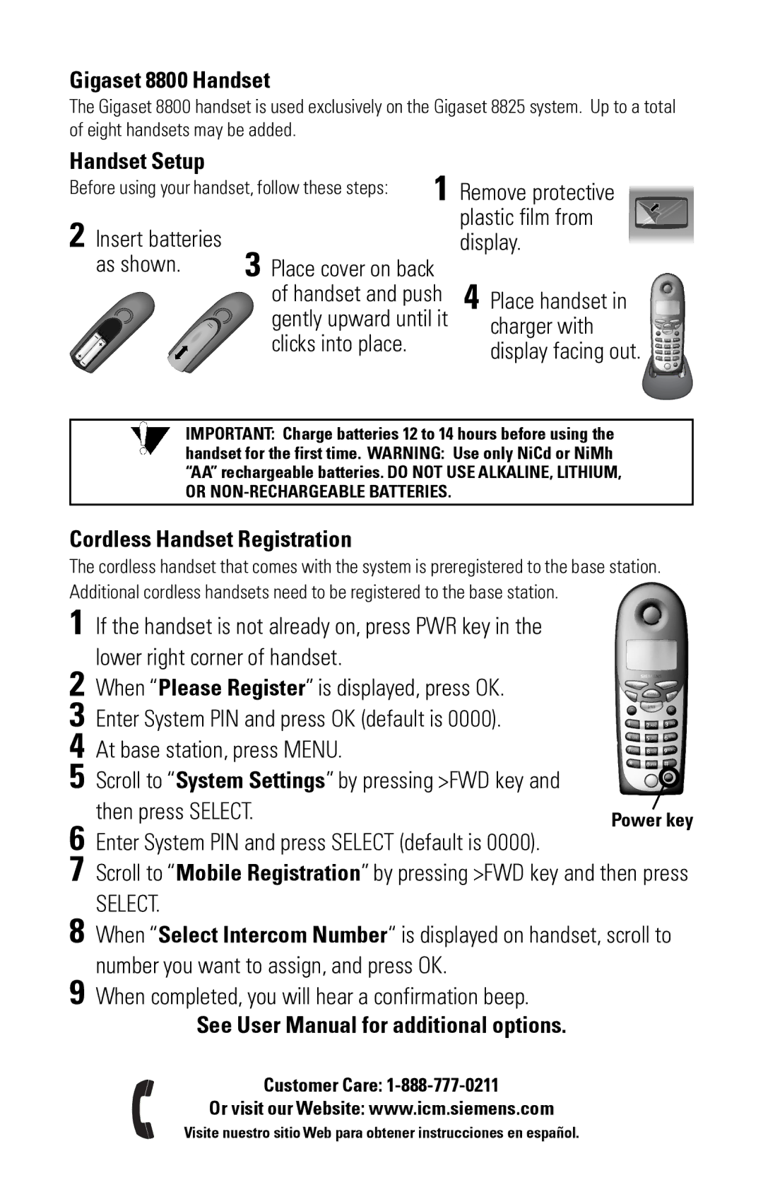 Siemens quick start Gigaset 8800 Handset, Handset Setup, Cordless Handset Registration 